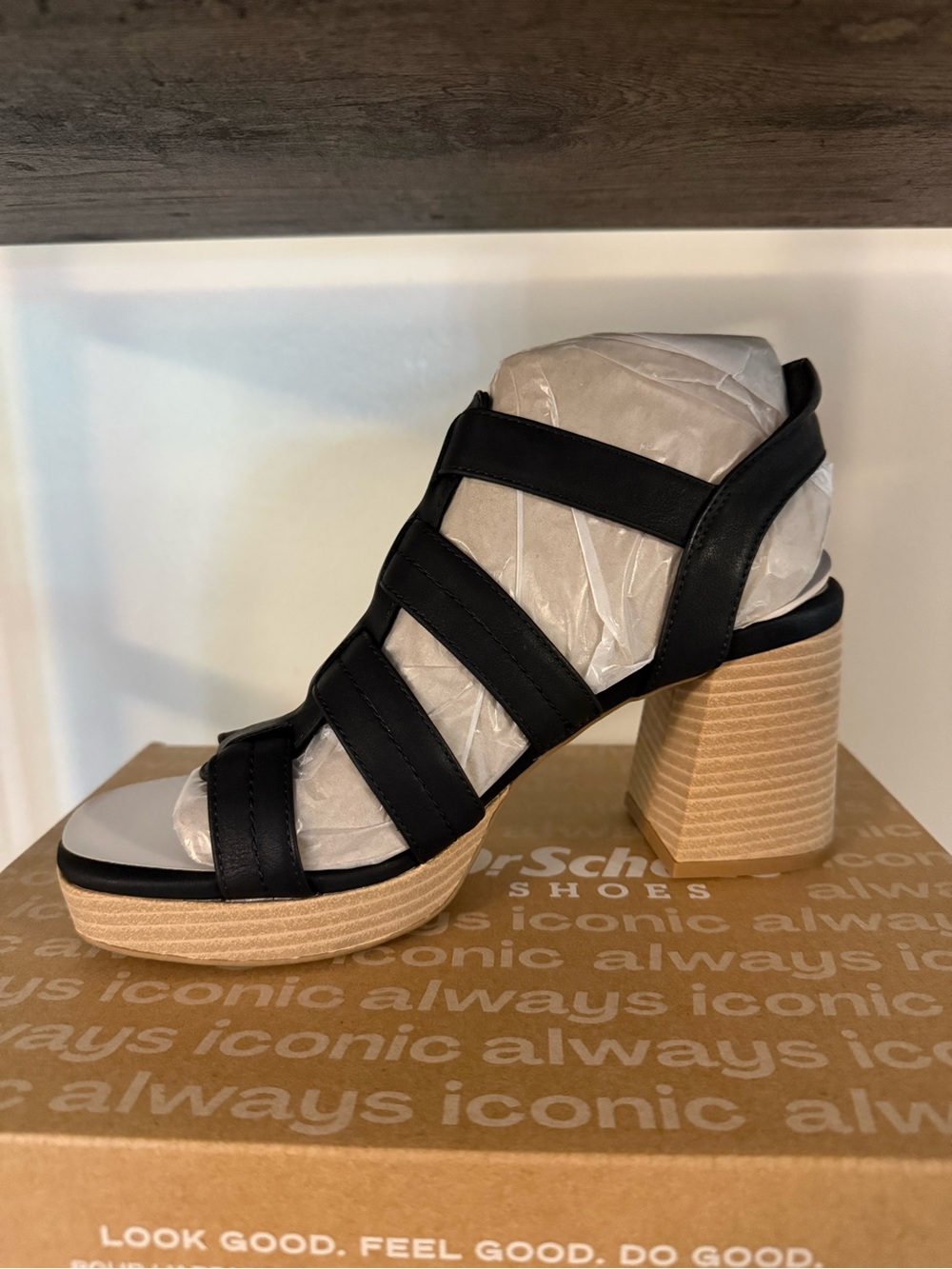Dr. Scholl's Makayla Black Multi-Strap Sandal with Tan Block Heel